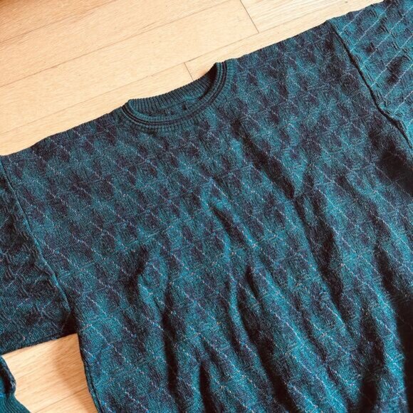 Vintage 90's Mens Argyle Sweater Size M Grandpa Sweater Wool Knit Blue Green - Picture 2 of 4